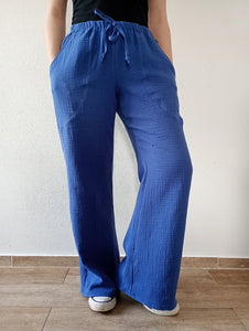 schniesel.Blau weites Bein Musselinhose