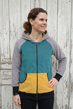 schniesel.Petrol Grau Senfgelb Streifen Cordjacke