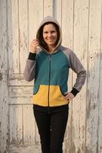 schniesel.Petrol Grau Senfgelb Streifen Cordjacke