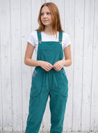 Petrol Bunte Blume Breitcord Latzpumphose